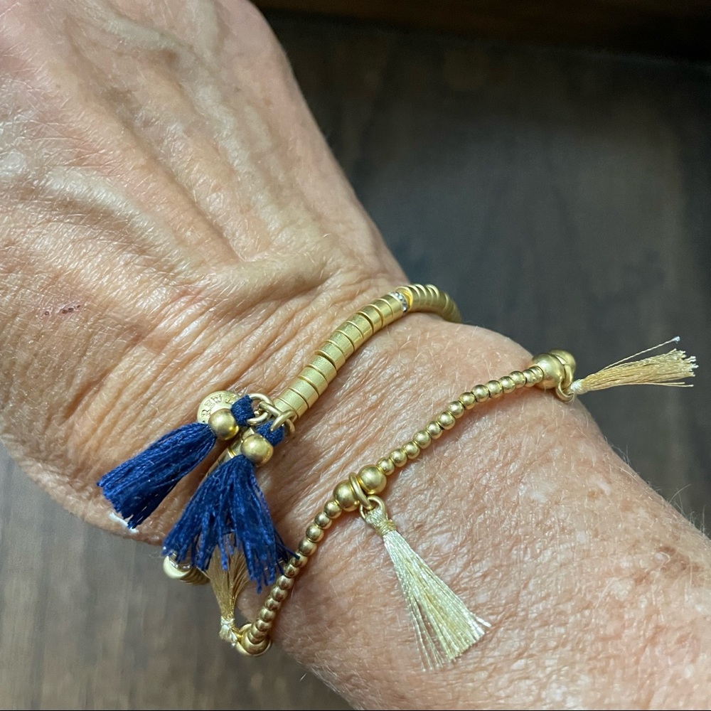 J Crew Set of 2 Gold with Navy Blue Gold Tassel Stretch Bracelets